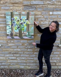 Image 4 of Cornflowers, Cow Parsely, Scabiosa, Vibernum in cream jug against studio window. NB Still Drying 