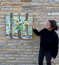 Image 5 of Cornflowers, Cow Parsely, Scabiosa, Vibernum in cream jug against studio window. NB Still Drying 