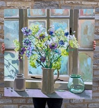 Image 2 of Cornflowers, Cow Parsely, Scabiosa, Vibernum in cream jug against studio window. NB Still Drying 