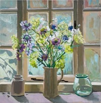 Image 1 of Cornflowers, Cow Parsely, Scabiosa, Vibernum in cream jug against studio window. NB Still Drying 