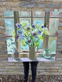 Image 3 of Cornflowers, Cow Parsely, Scabiosa, Vibernum in cream jug against studio window. NB Still Drying 