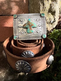 Image 1 of WL&A Handmade Old Style Heavy Ingot X Silver Coin Royston Turquoise Thunderbird Concho Belt 