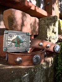 Image 2 of WL&A Handmade Old Style Heavy Ingot X Silver Coin Royston Turquoise Thunderbird Concho Belt 