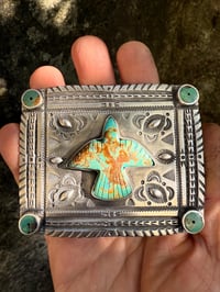 Image 3 of WL&A Handmade Old Style Heavy Ingot X Silver Coin Royston Turquoise Thunderbird Concho Belt 