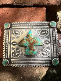 Image 4 of WL&A Handmade Old Style Heavy Ingot X Silver Coin Royston Turquoise Thunderbird Concho Belt 