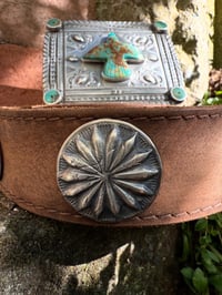 Image 7 of WL&A Handmade Old Style Heavy Ingot X Silver Coin Royston Turquoise Thunderbird Concho Belt 