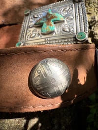 Image 8 of WL&A Handmade Old Style Heavy Ingot X Silver Coin Royston Turquoise Thunderbird Concho Belt 