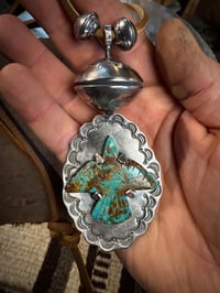 Image 2 of WL&A Royston Thunderbird Spirit Pendant w/ rotating XL Peace Silver Dollar Pearl - Size 4in x 2in