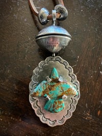 Image 3 of WL&A Royston Thunderbird Spirit Pendant w/ rotating XL Peace Silver Dollar Pearl - Size 4in x 2in