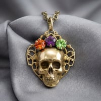 Image 1 of Skull Necklace - Sugar Skull, Antique Gold-Tone Gothic Skeleton Jewelry, Day of the Dead 