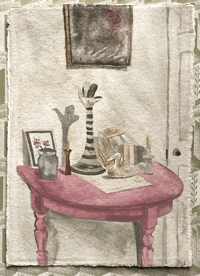 Interior with pink table by Ottilie Stirrup
