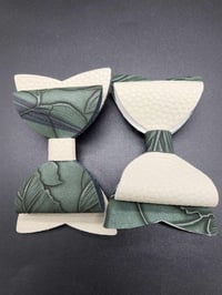 Image 2 of Embossed Dark Green Hair Bows: Faux Leather Cream Set