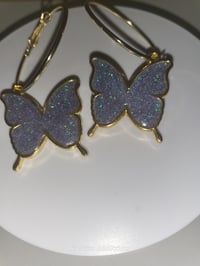 Image 5 of On the gold hoop Lavendar sparkle Butterfly Earrings