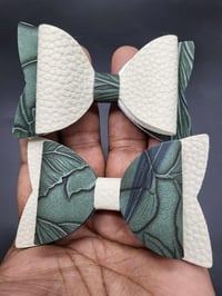 Image 4 of Embossed Dark Green Hair Bows: Faux Leather Cream Set