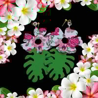 Image 1 of Handcrafted Floral Faux Leather Earrings: Green & Pink Blossom Drops