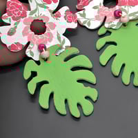 Image 2 of Handcrafted Floral Faux Leather Earrings: Green & Pink Blossom Drops