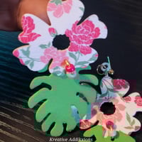 Image 4 of Handcrafted Floral Faux Leather Earrings: Green & Pink Blossom Drops