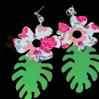 Image 5 of Handcrafted Floral Faux Leather Earrings: Green & Pink Blossom Drops