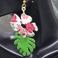 Image 6 of Handcrafted Floral Faux Leather Earrings: Green & Pink Blossom Drops