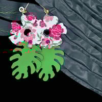 Image 7 of Handcrafted Floral Faux Leather Earrings: Green & Pink Blossom Drops