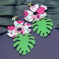 Image 8 of Handcrafted Floral Faux Leather Earrings: Green & Pink Blossom Drops