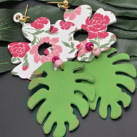 Image 9 of Handcrafted Floral Faux Leather Earrings: Green & Pink Blossom Drops