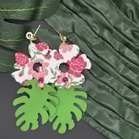 Image 10 of Handcrafted Floral Faux Leather Earrings: Green & Pink Blossom Drops