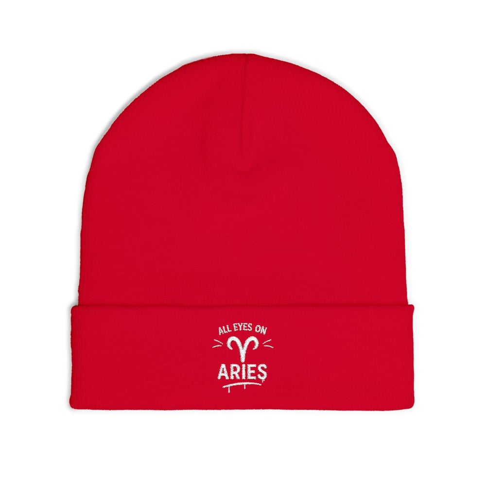 Image of Aries Embroidered Knit Beanie — "All Eyes On" Zodiac Winter Hat
