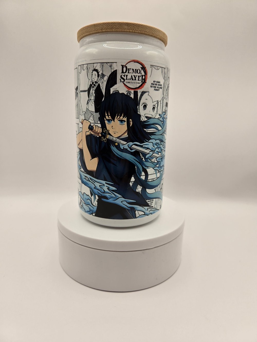 Image of Anime-Inspired Frosted Glass Cup – Comic Panel Wrap + Blue Warrior Art | Bamboo Lid + Metal Straw