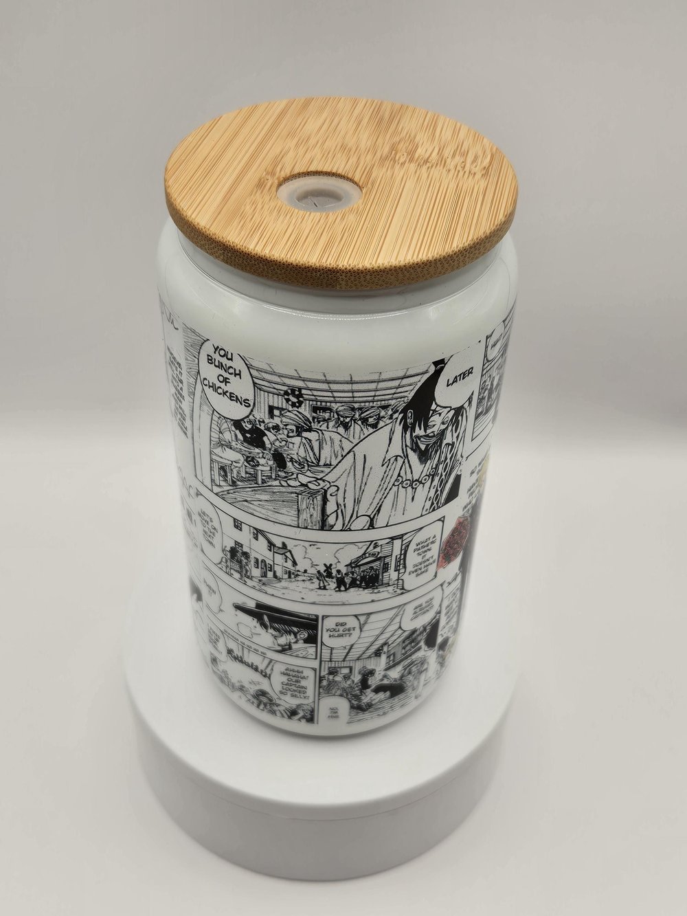 Image of Anime-Inspired Comic Panel Glass Cup – 16oz Frosted Glass Tumbler w/ Bamboo Lid & Metal Straw