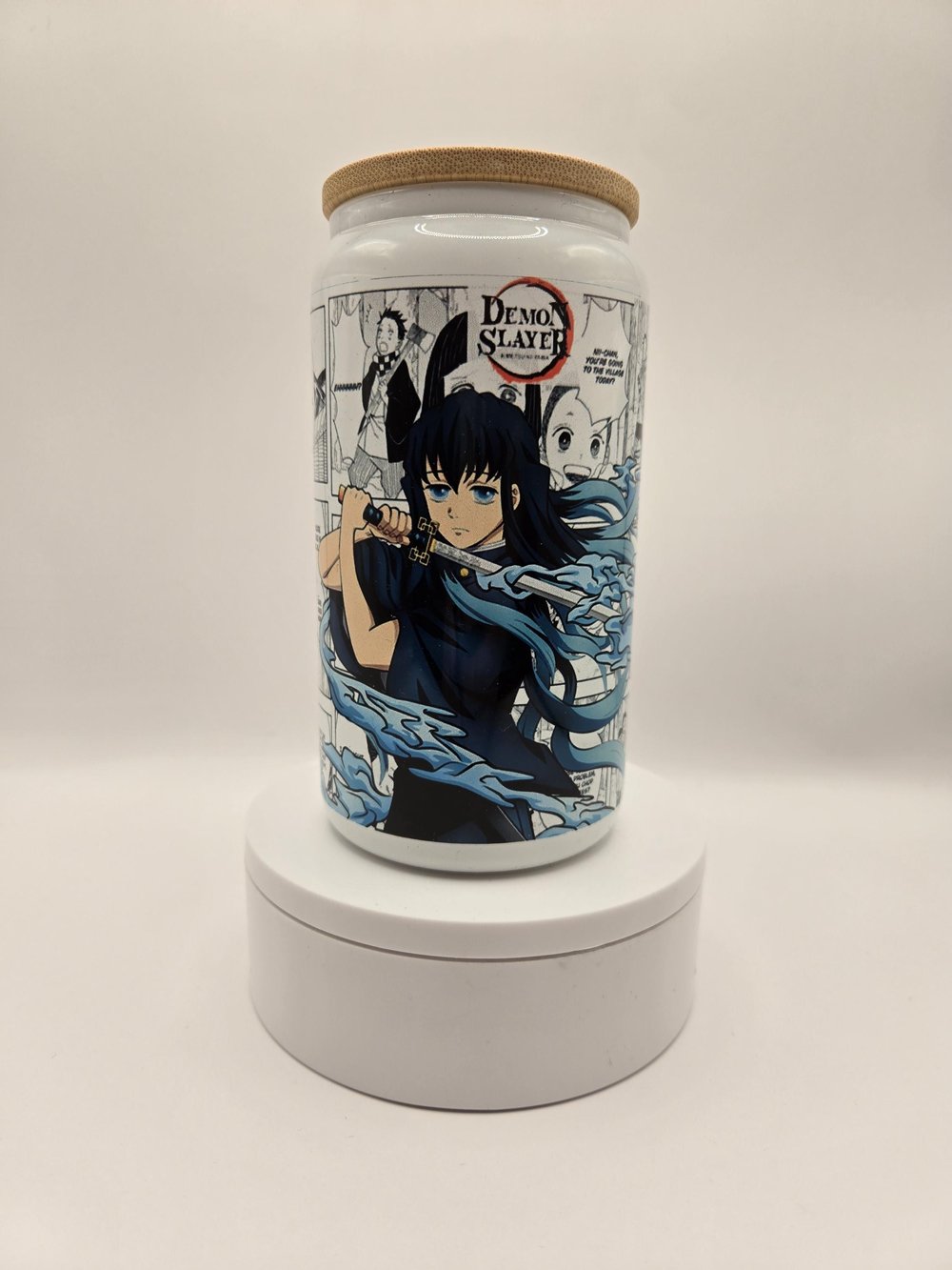 Image of Anime-Inspired Frosted Glass Cup – Comic Panel Wrap + Blue Warrior Art | Bamboo Lid + Metal Straw