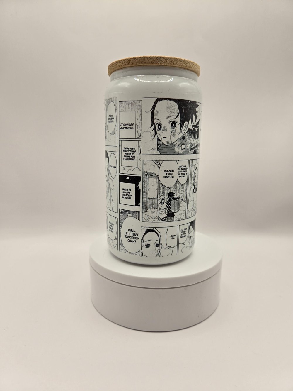 Image of Anime-Inspired Frosted Glass Cup – Comic Panel Wrap + Blue Warrior Art | Bamboo Lid + Metal Straw