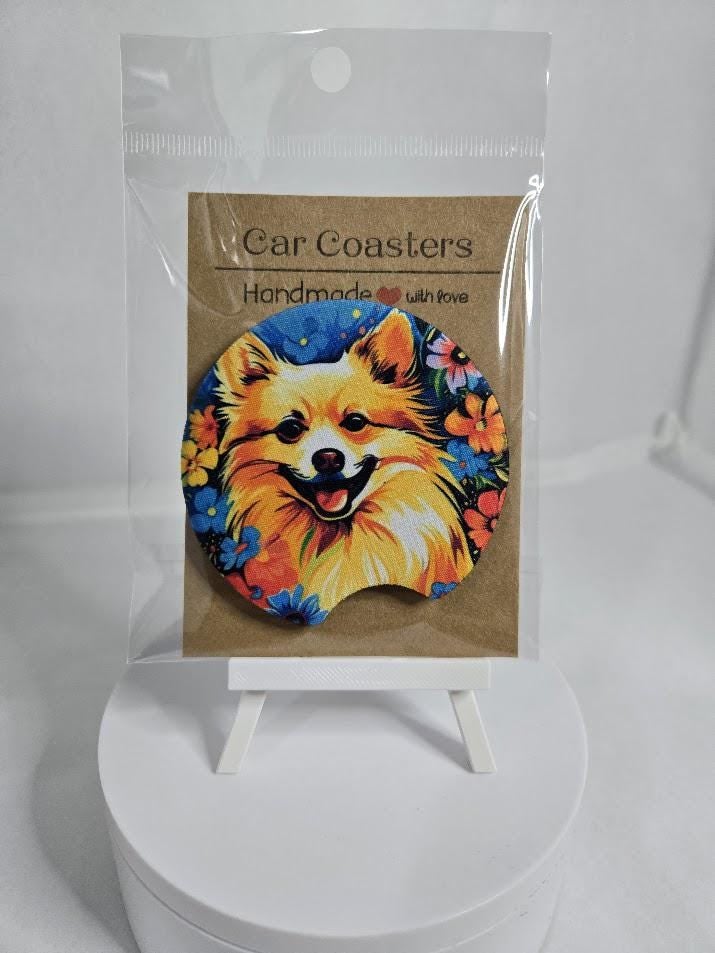 Image of Pomeranian & Floral Car Coaster