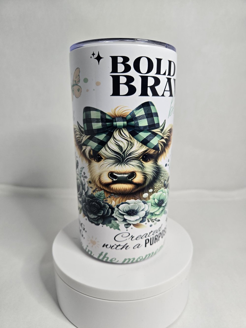 Image of Bold, Brave, and Full of Coffee (or Chaos) – 12oz Highland Cow Tumbler