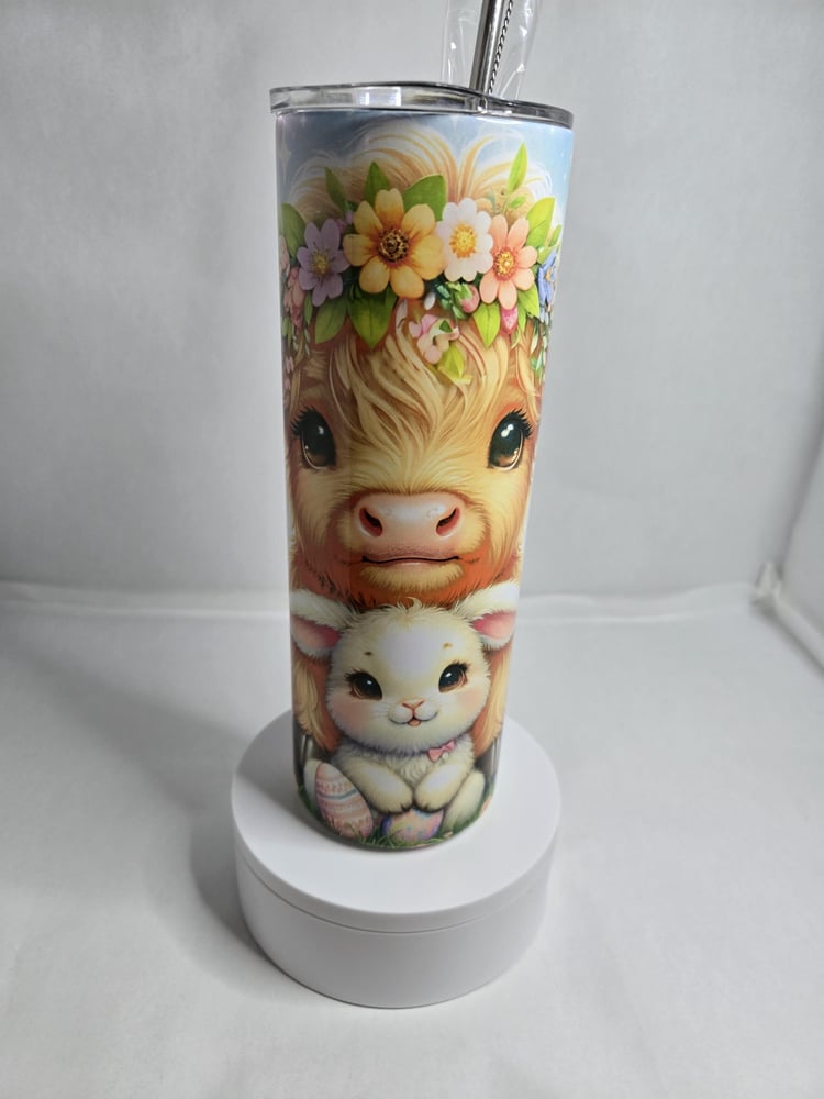 Image of Easter-Themed Baby Highland Cow and Easter Bunny Tumbler – The Cutest Spring Duo