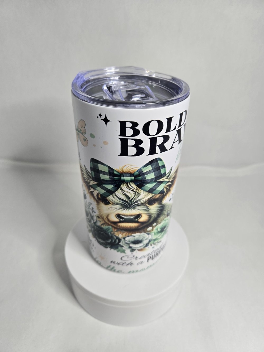 Image of Bold, Brave, and Full of Coffee (or Chaos) – 12oz Highland Cow Tumbler