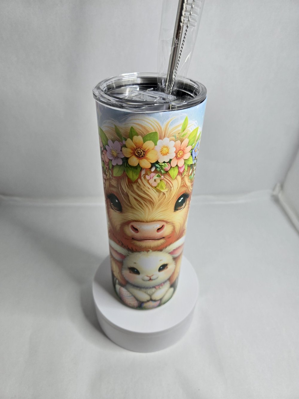 Image of Easter-Themed Baby Highland Cow and Easter Bunny Tumbler – The Cutest Spring Duo