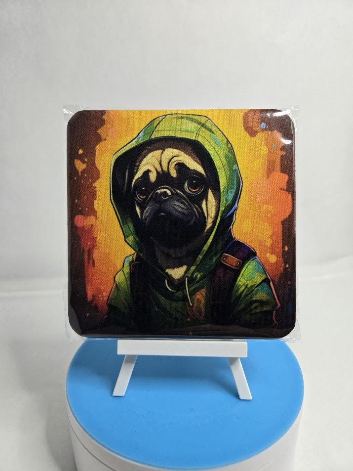 Image of 2-Pack Pug Coasters – Pug in a Green Hoodie (Because Why Not?)