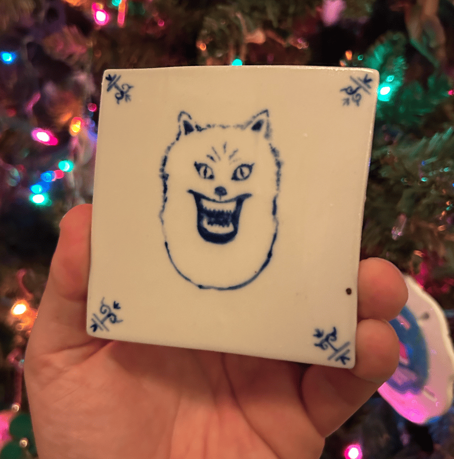 Image of Hangable Porcelain Delft Tile - HAUSU CAT