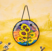 Image 2 of Sunflowers and Sunrise - Round Painted Slate (202503SL)