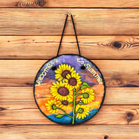 Image 4 of Sunflowers and Sunrise - Round Painted Slate (202503SL)