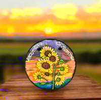 Image 1 of Sunflowers and Sunrise - Round Painted Slate (202503SL)