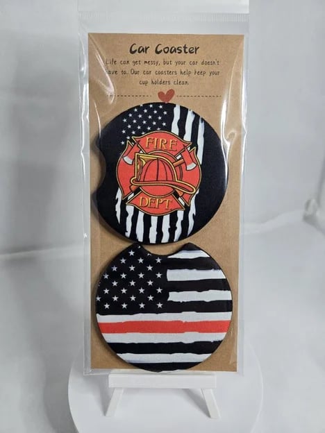 Image of Thin Red Line & Fire Helmet Car Coasters – Protect Your Car Like a Pro Firefighter-f46ee3bc