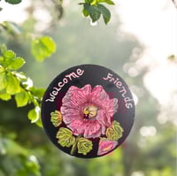 Image 3 of Hollyhock and Bee - Round Painted Slate (202501SL)