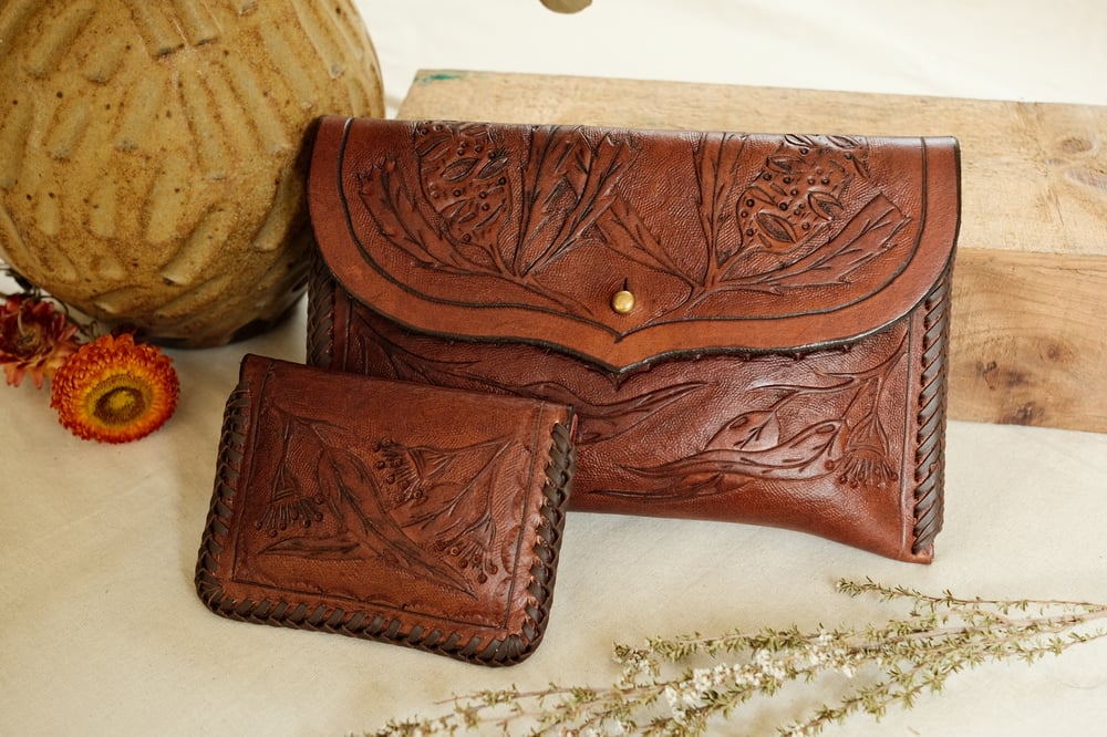 Image of eucalyptus, banksia and Moth Fleetwood Clutch with Pocket wallet 
