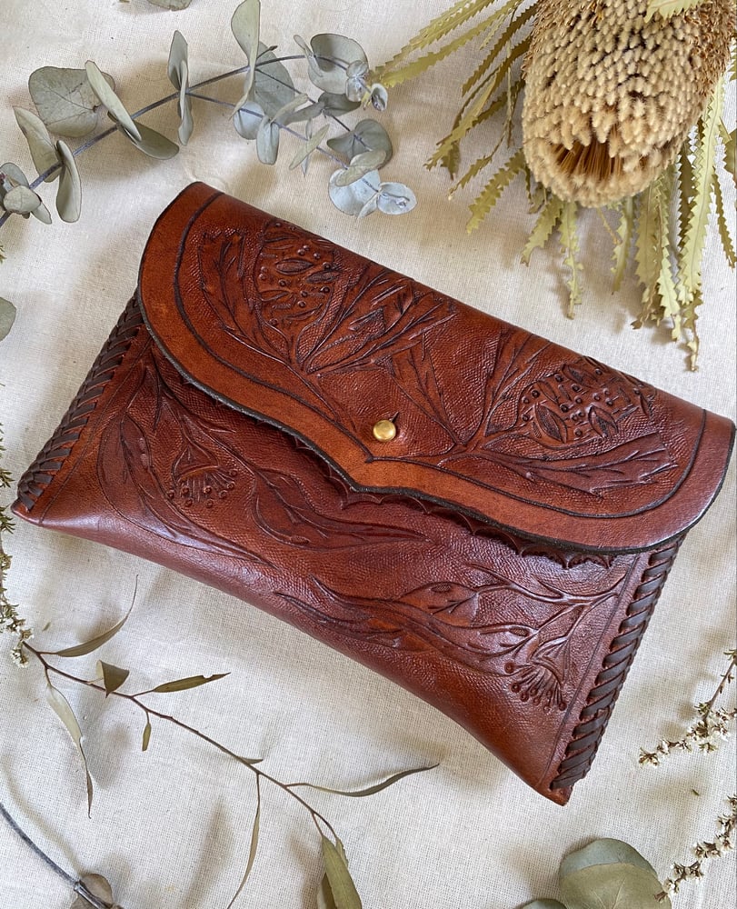 Image of eucalyptus, banksia and Moth Fleetwood Clutch with Pocket wallet 
