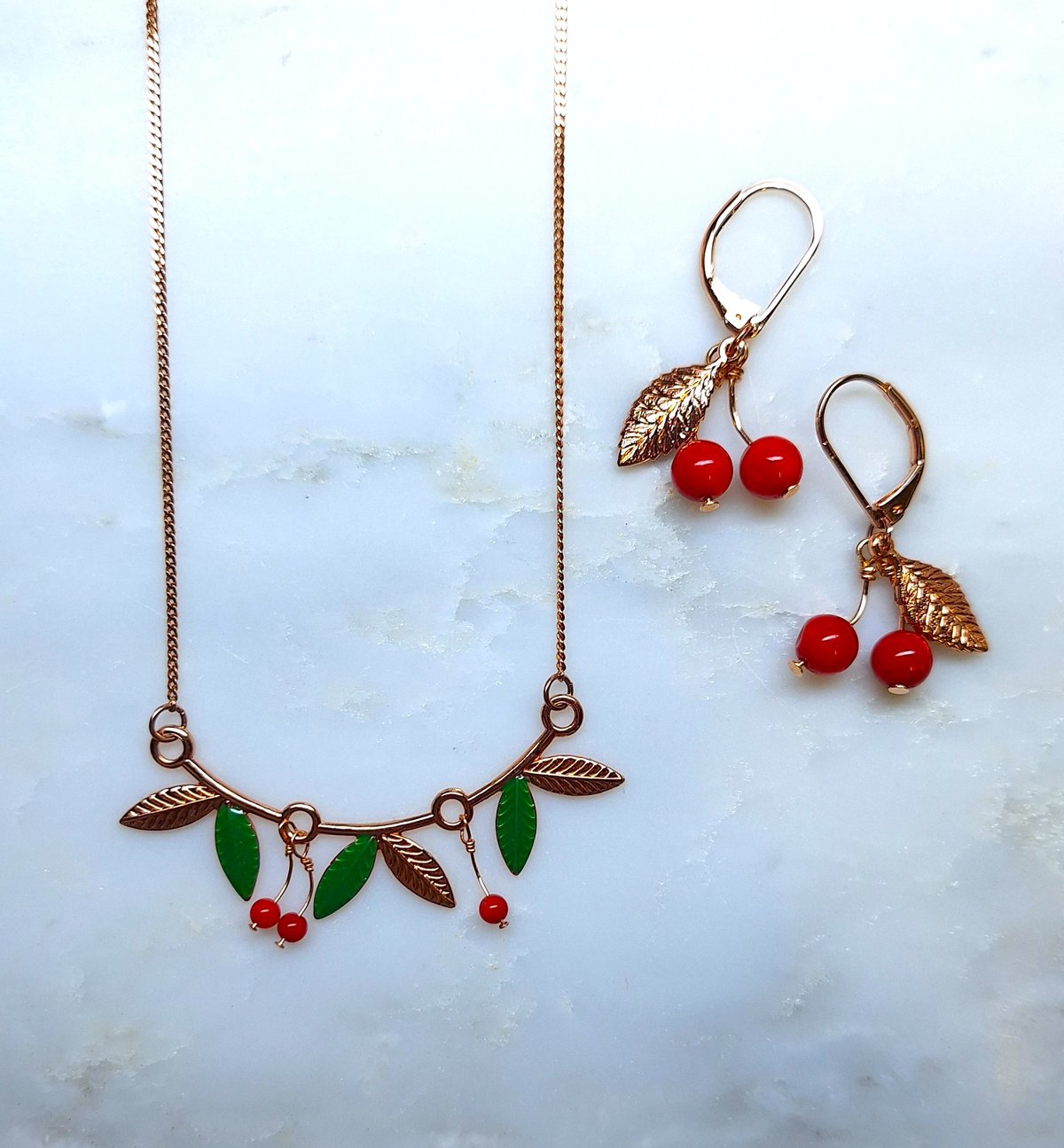 Image of Les Cerises - Collier et Boucles Branche de Cerisier - Doré Or Rose
