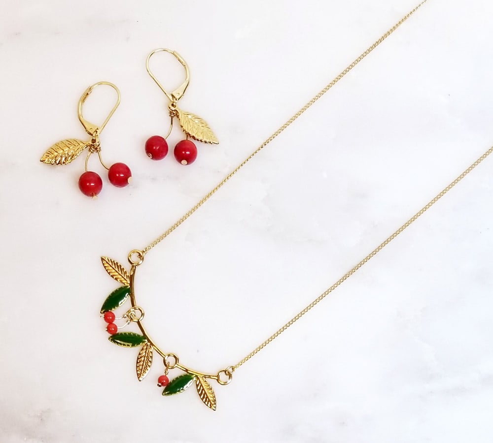 Image of Les Cerises - Collier et Boucles Branche de Cerisier - Plaqué Or Jaune