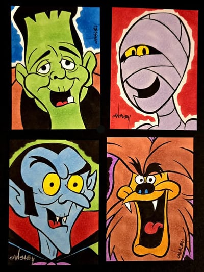 Image of GROOVIE GOOLIES! 4-piece SKETCH CARD SET! 2.5x3.5 each! CARTOON TV MONSTER FRIENDS! 
