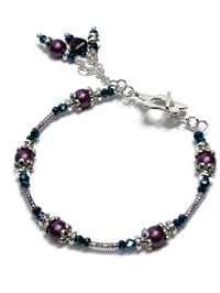 Image 2 of 1PC. DEEP ORCHID/METALLIC BLUE FIRE POLISHED GLASS BEADED MEMORY WIRE BRACELET